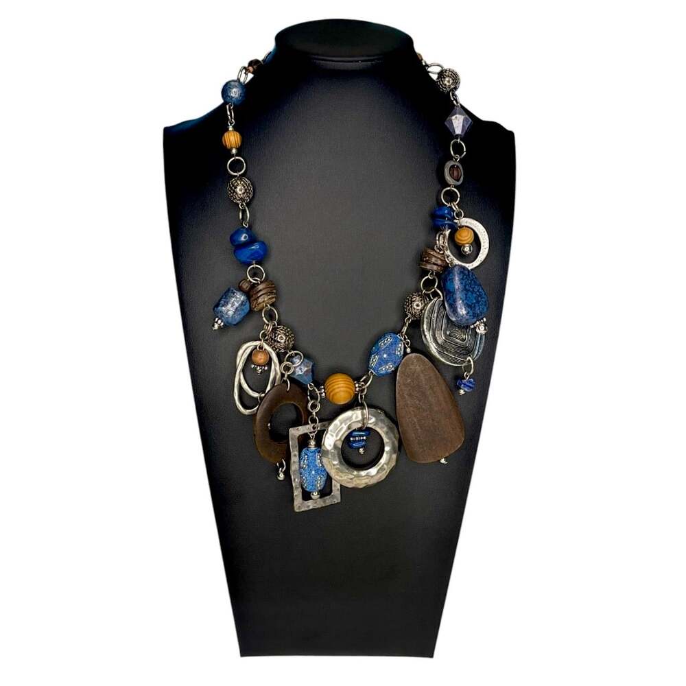 CHICO'S Signed BOHO STYLE MIXED MEDIA Statement Necklace BLUE 21” to 25” Long